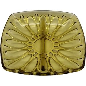 Vtg Divided Relish Dish Plate Glass Square Amber Yellow Floral 7" MCM Retro